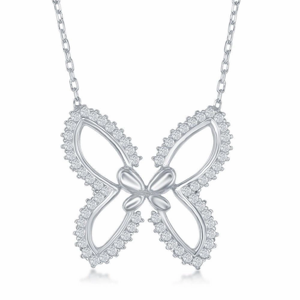 Sterling Silver Open Butterfly with CZ Border Necklace