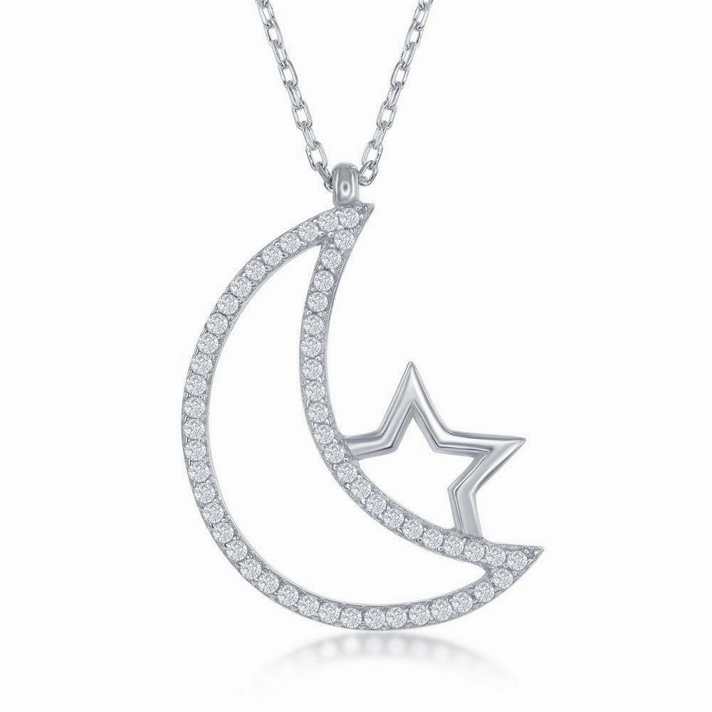 Sterling Silver Open CZ Crescent Moon and Star Necklace