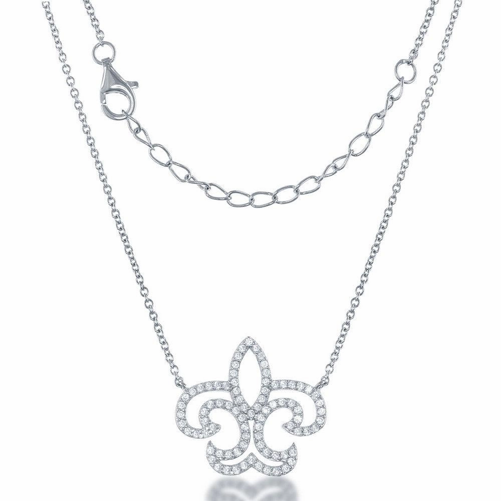 Sterling Silver Open CZ Fleur De Lis Necklace