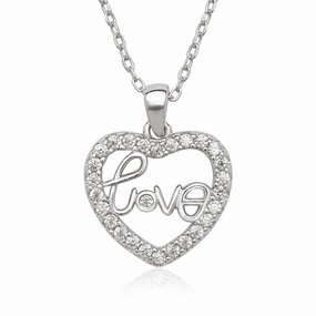 Sterling Silver Open CZ Heart with Love Center Necklace