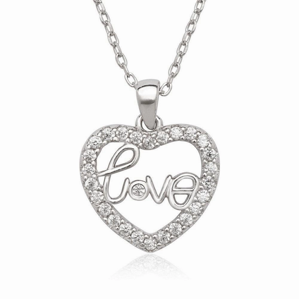 Sterling Silver Open CZ Heart with Love Center Necklace
