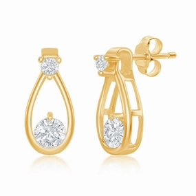Sterling Silver Open Pearshaped Round CZ  Earrings - Gold Plated
