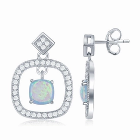 Sterling Silver Open Square Center Opal CZ Earrings