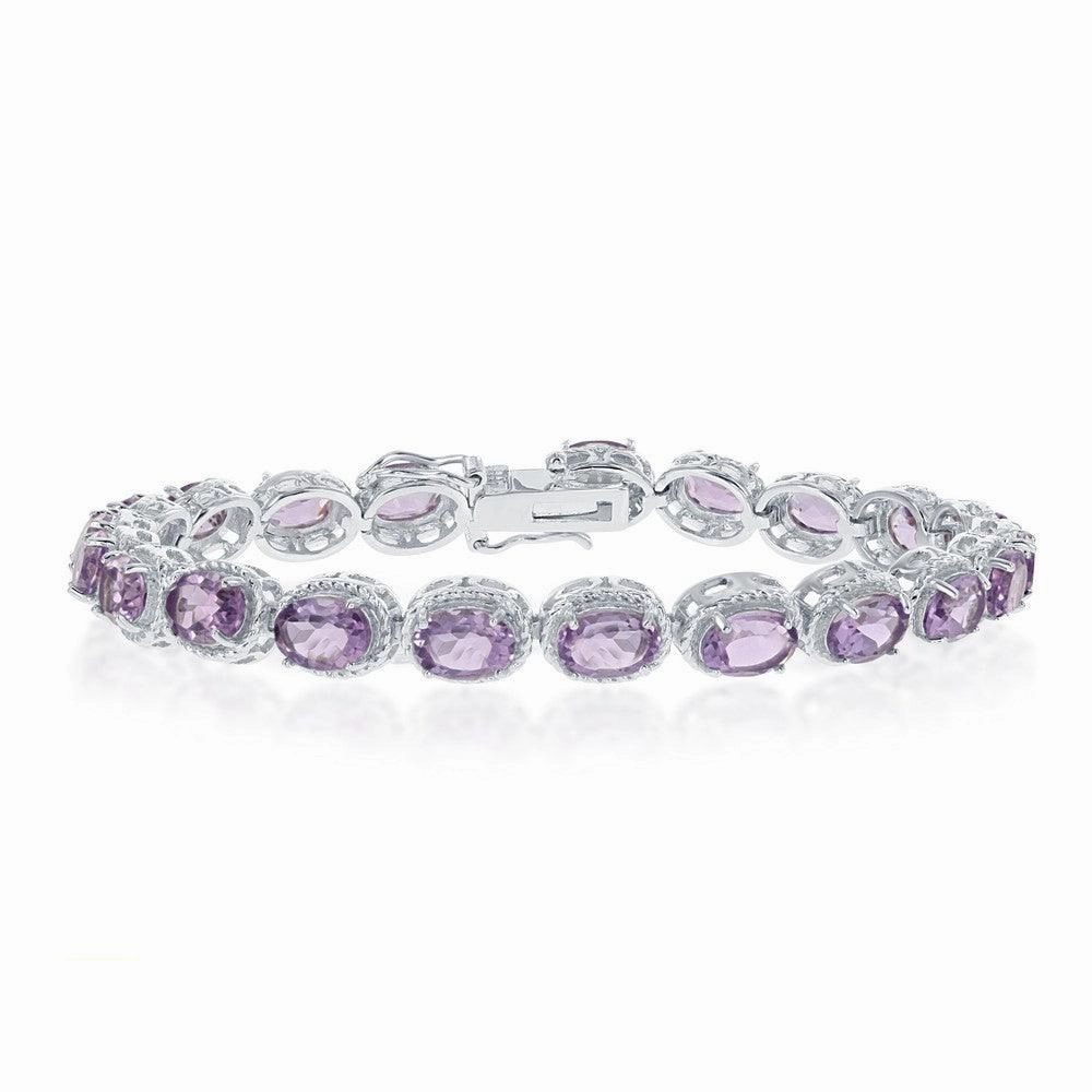 Sterling Silver Oval Amethyst with Rope Border Bracelet, 7.5"