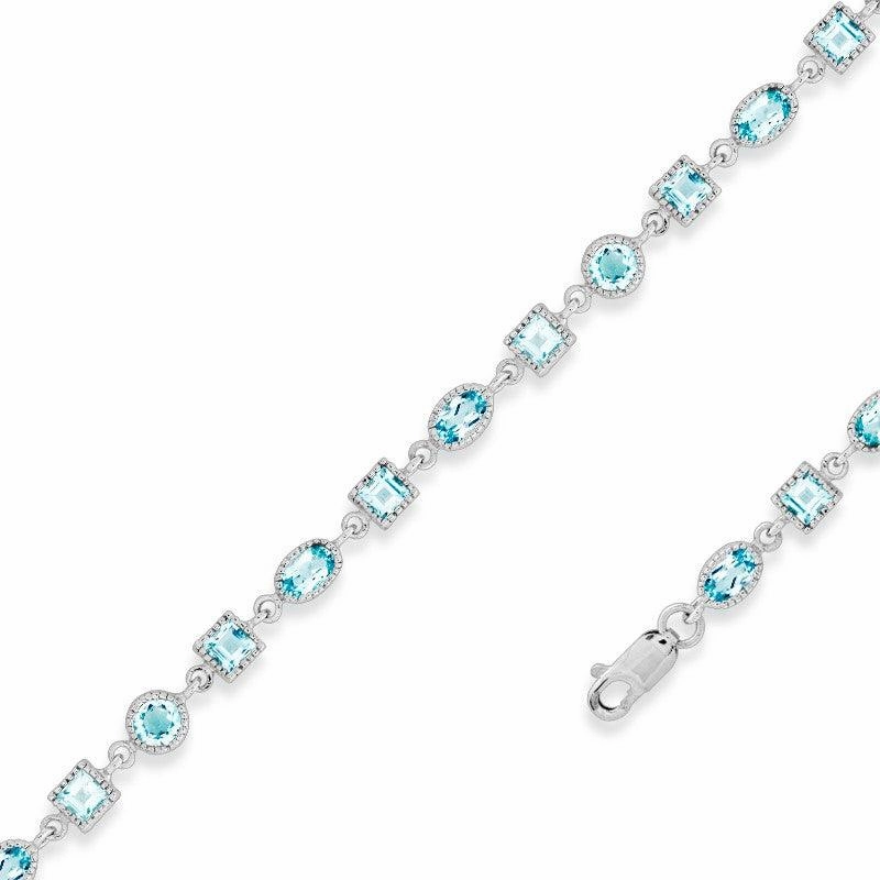 Sterling Silver Oval and Square Blue Topaz Gem Bracelet, 7.5"