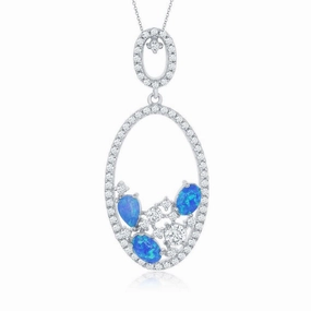Sterling Silver Oval Blue Opal and CZ Pendant