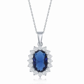 Sterling Silver Oval Blue Sapphire Clear CZ Pendant