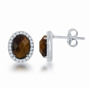 Sterling Silver Oval Brown Tiger Eye Stud Earrings