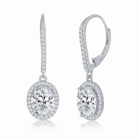 Sterling Silver Oval CZ Halo Dangling Earrings