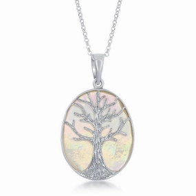 Sterling Silver Oval MOP with Tree Pendant Chain