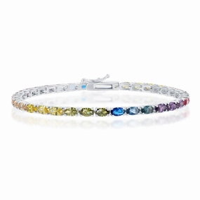 Sterling Silver Oval Rainbow CZ Tennis Bracelet, 7.5"