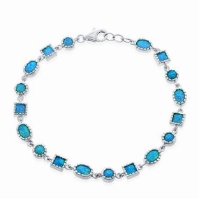 Sterling Silver Oval, Square and Circle Blue Inlay Opal Bracelet