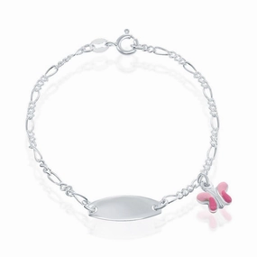 Sterling Silver Pink Butterfly Enamel Charm Kid-ID Bracelet, 6.5"