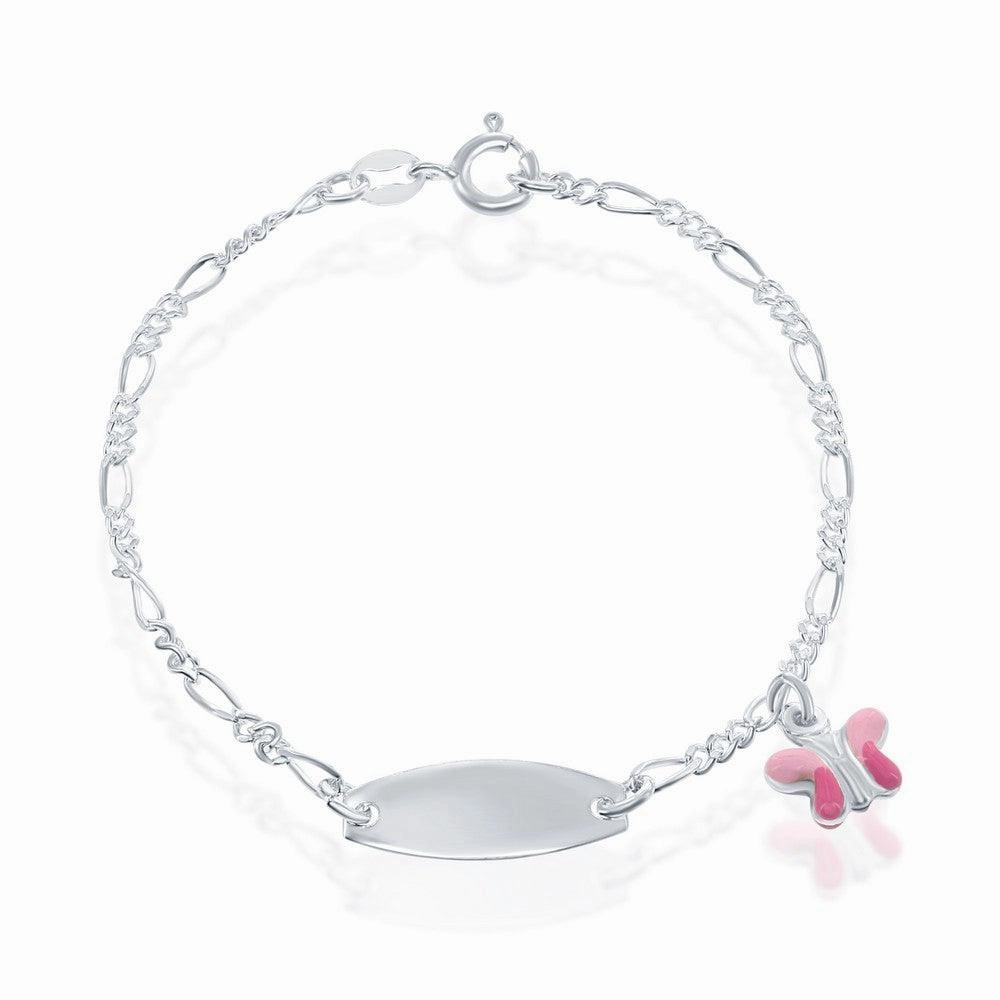 Sterling Silver Pink Butterfly Enamel Charm Kid-ID Bracelet, 6.5"