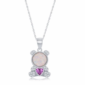 Sterling Silver Pink Heart CZ Bear Pendant