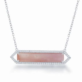 Sterling Silver Pink MOP with CZ Bar Necklace