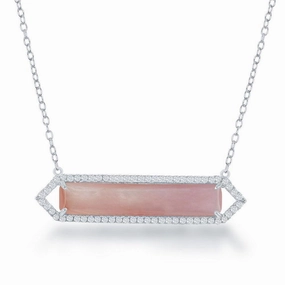 Sterling Silver Pink MOP with CZ Bar Necklace