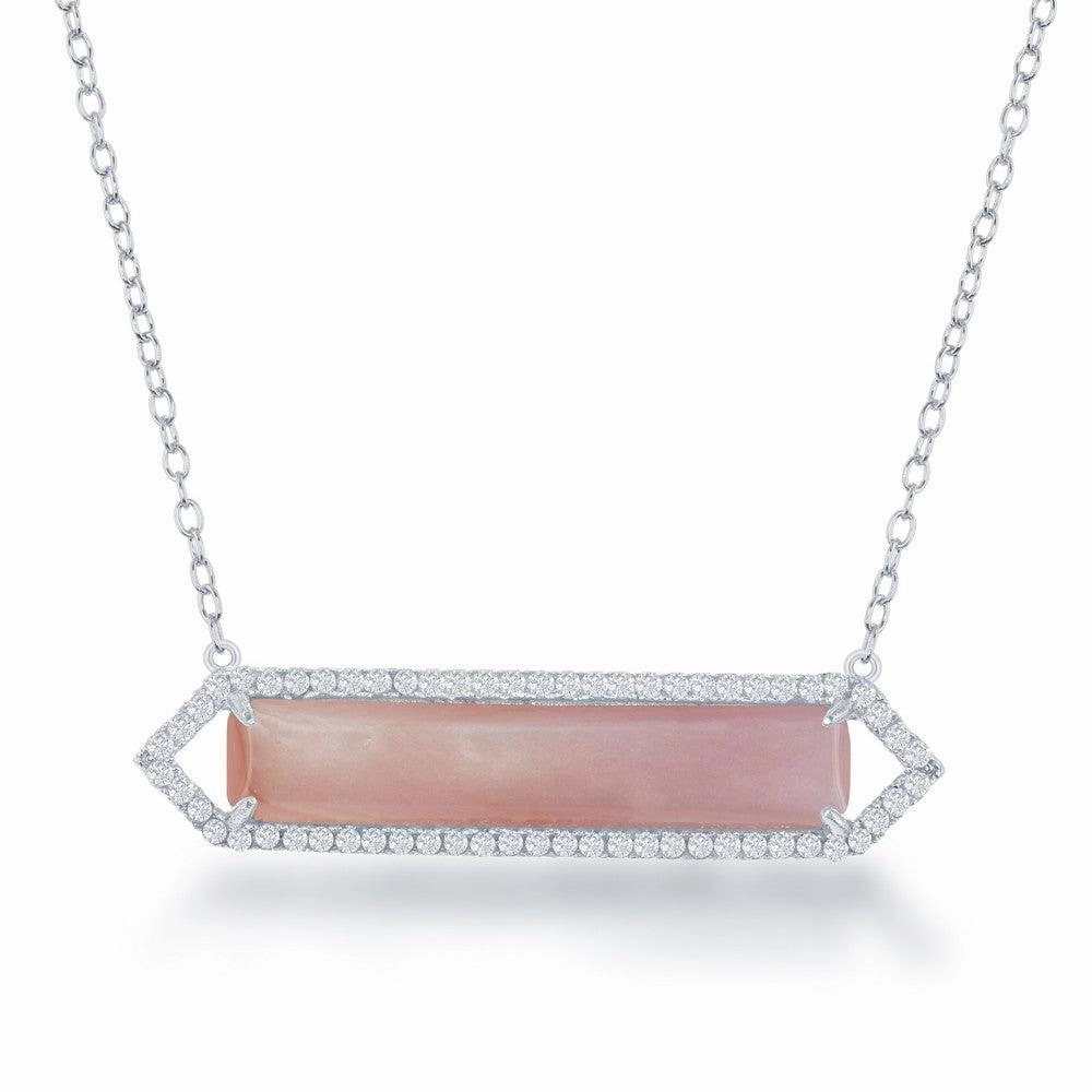 Sterling Silver Pink MOP with CZ Bar Necklace