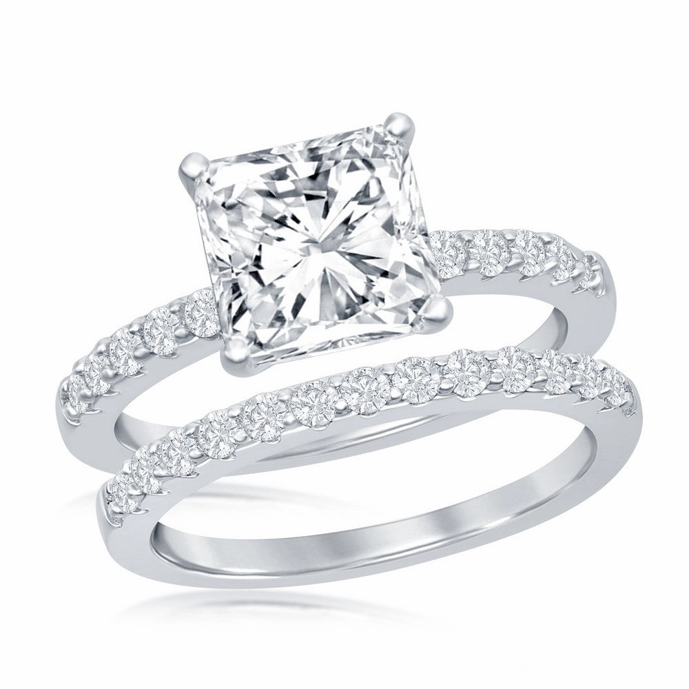 Sterling Silver Princess-Cut Half CZ Band Engagement Ring Set - W-2406