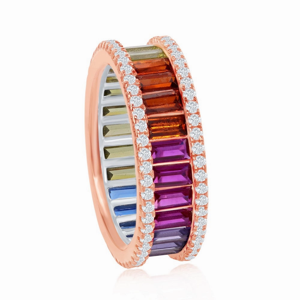Sterling Silver Rainbow Baguette CZ Band Ring - W-2040