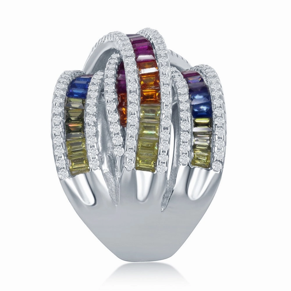 Sterling Silver Rainbow Baguette CZ Double X Ring - W-2435