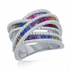 Sterling Silver Rainbow Baguette CZ Double X Ring - W-2435