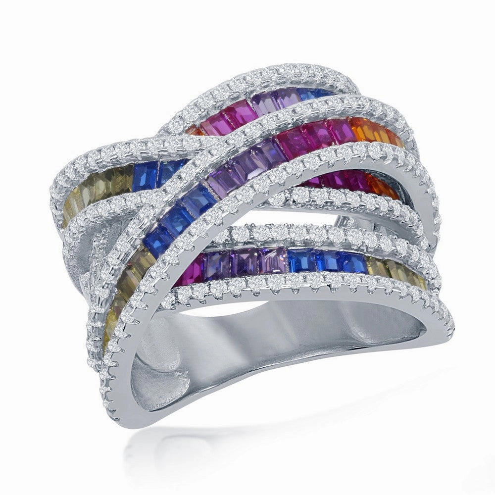 Sterling Silver Rainbow Baguette CZ Double X Ring - W-2435