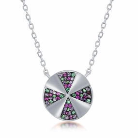 Sterling Silver Rainbow Cubic Zirconia Designed Disc Necklace