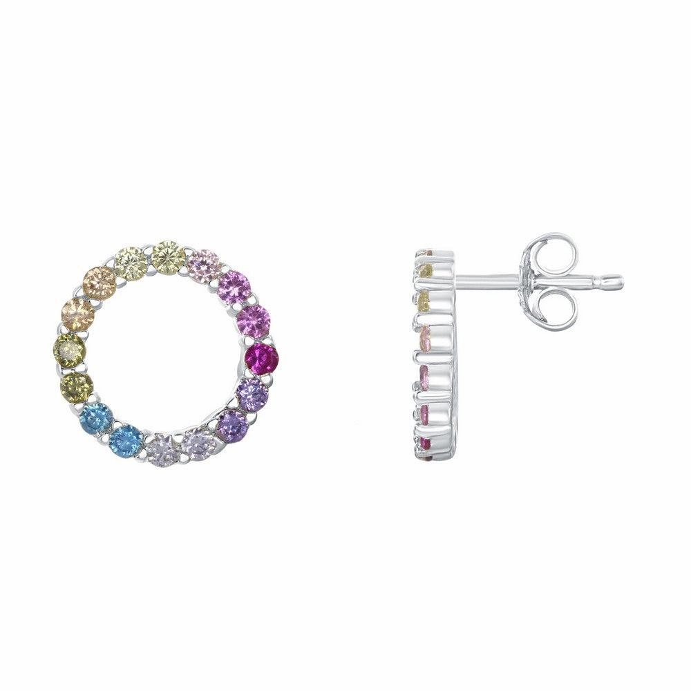 Sterling Silver Rainbow CZ Circle Stud Earrings