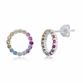 Sterling Silver Rainbow CZ Circle Stud Earrings