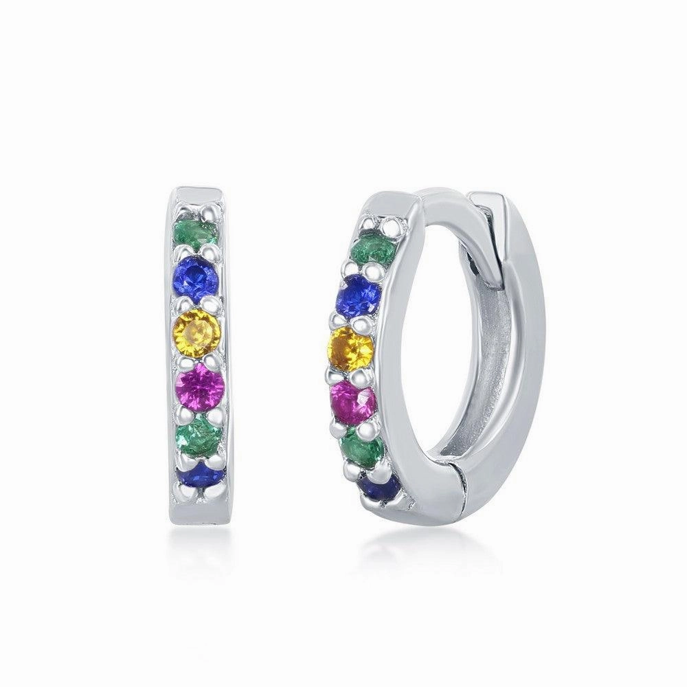 Sterling Silver Rainbow CZ Huggie Hoop Earrings
