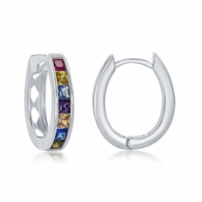 Sterling Silver Rainbow CZ Oval Hoops Earrings