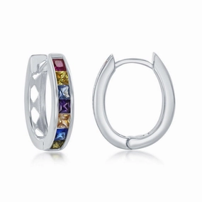 Sterling Silver Rainbow CZ Oval Hoops Earrings