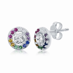 Sterling Silver Rainbow CZ Round Stud Earrings