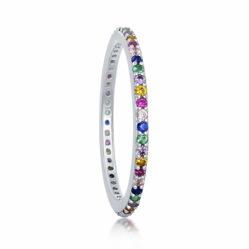 Sterling Silver Rainbow CZ Thin Band Ring - W-2133