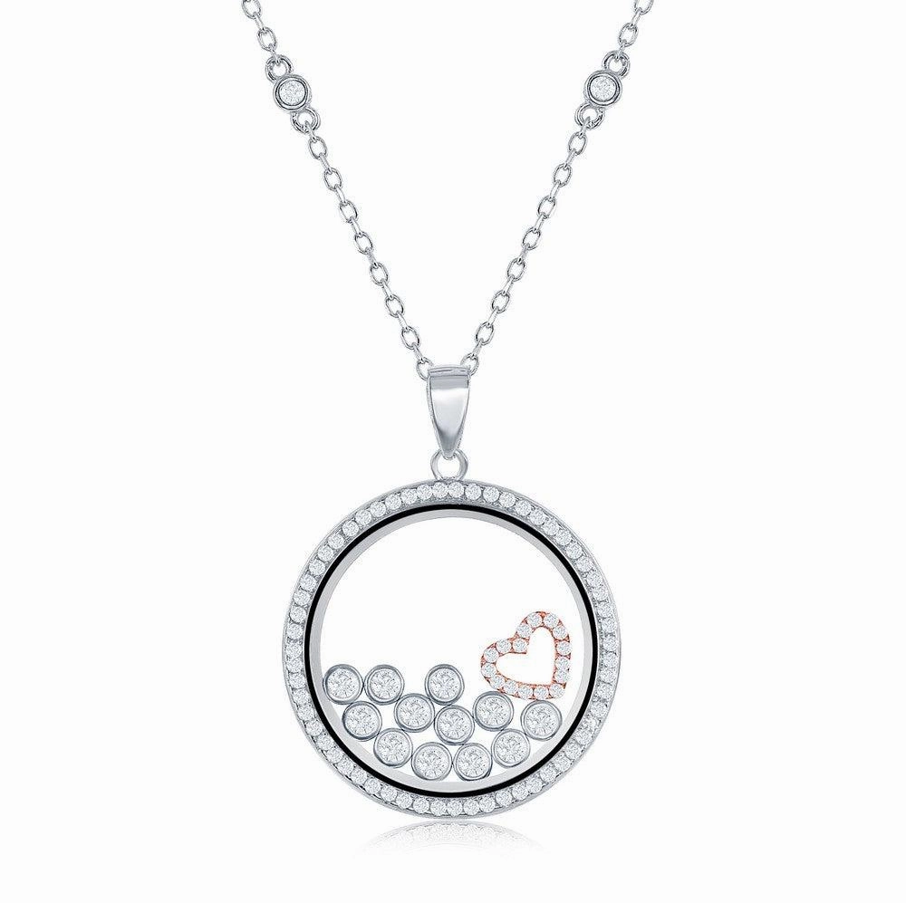Sterling Silver RG Floating Heart & Round CZ's in a Disc Necklace