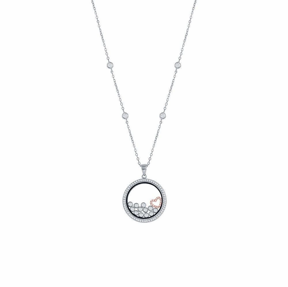Sterling Silver RG Floating Heart & Round CZ's in a Disc Necklace