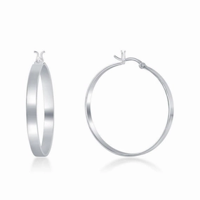 Sterling Silver Rhodium Plated Flat Hoop Earrings, 4 x 30 mm