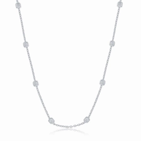Sterling Silver Rhodium Plated Grid Square Beaded Chain, 20"