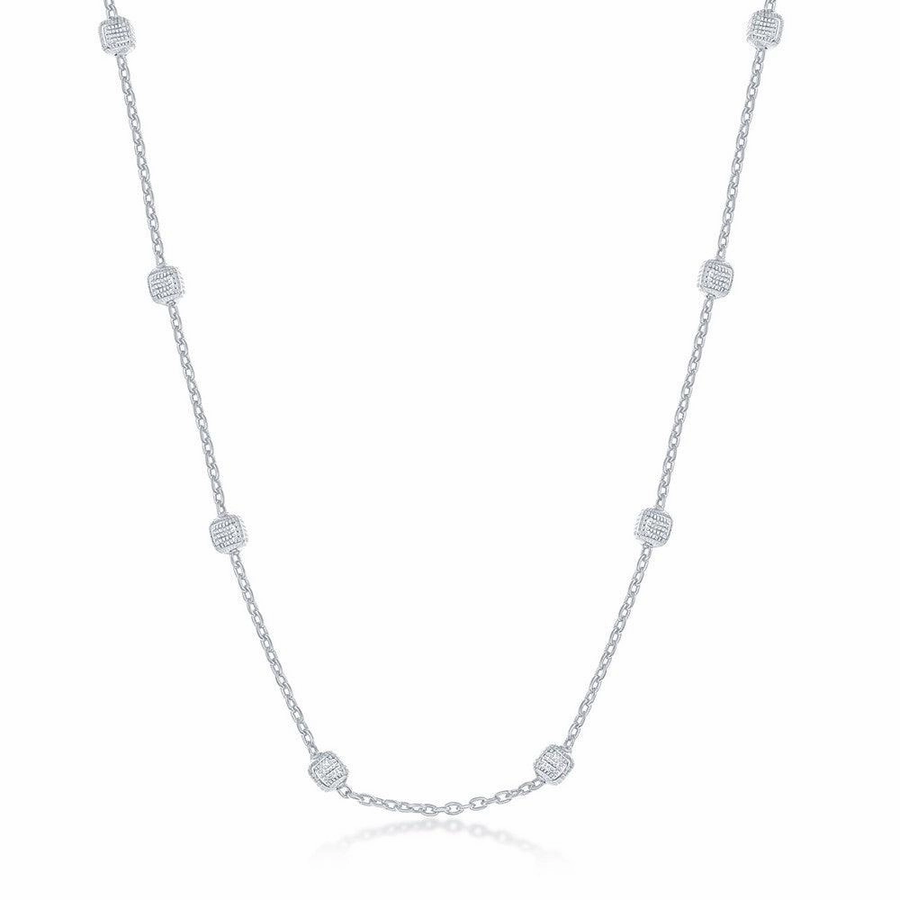 Sterling Silver Rhodium Plated Grid Square Beaded Chain, 20"