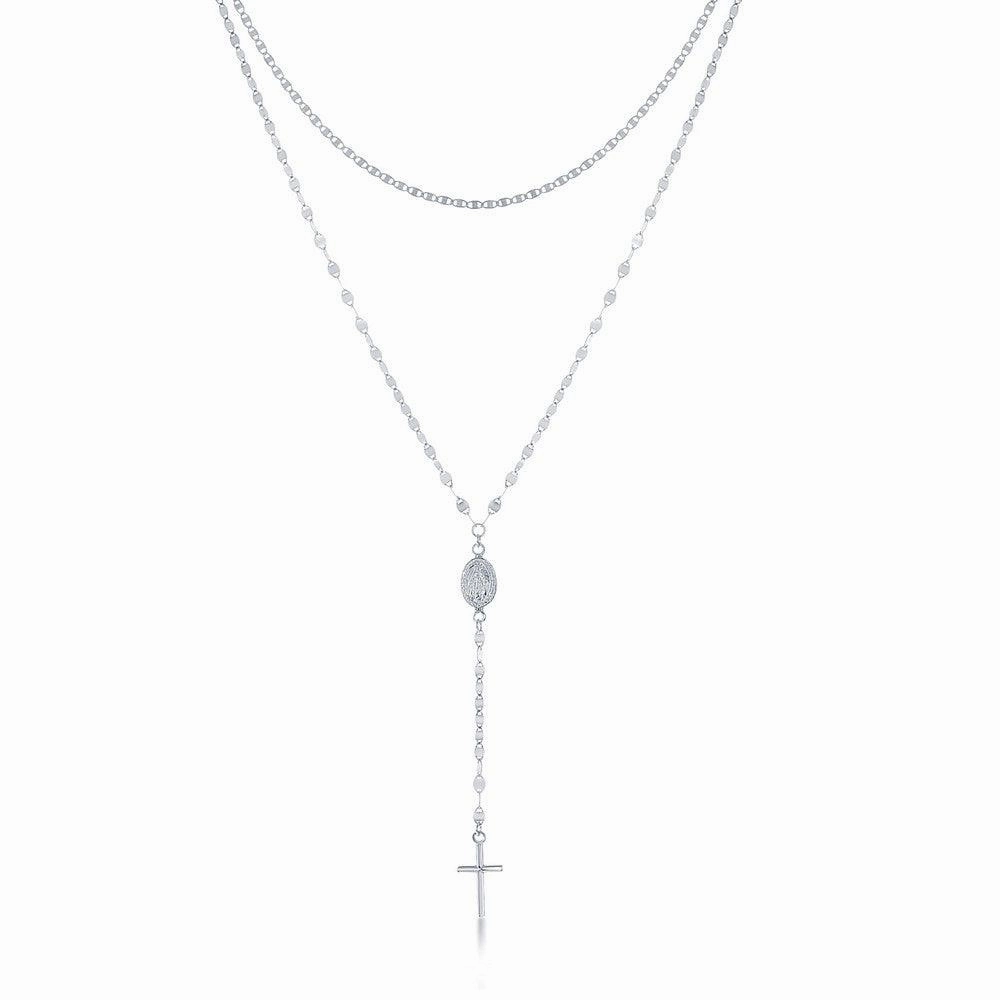 Sterling Silver Rhodium Plated Mirror and Mariner Rosary Chain