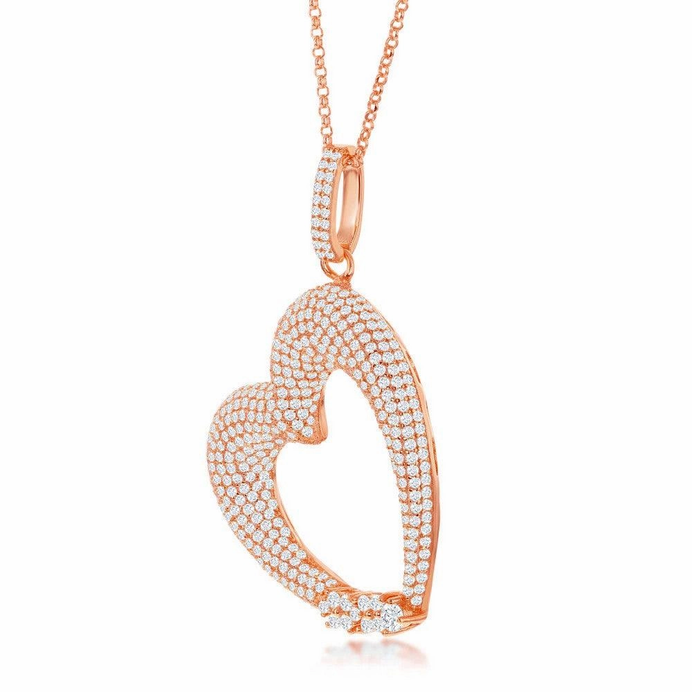 Sterling Silver Rose Gold Pave Heart Pendant Chain