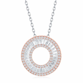 Sterling Silver Rose Gold Plated Baguette CZ Open Circle Necklace