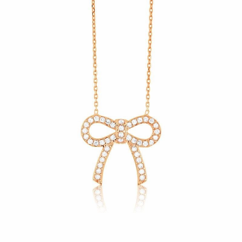 Sterling Silver Rose Gold Plated CZ Bow Necklace