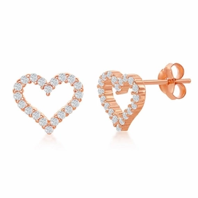 Sterling Silver Rose Gold Plated Open Heart CZ Stud Earrings