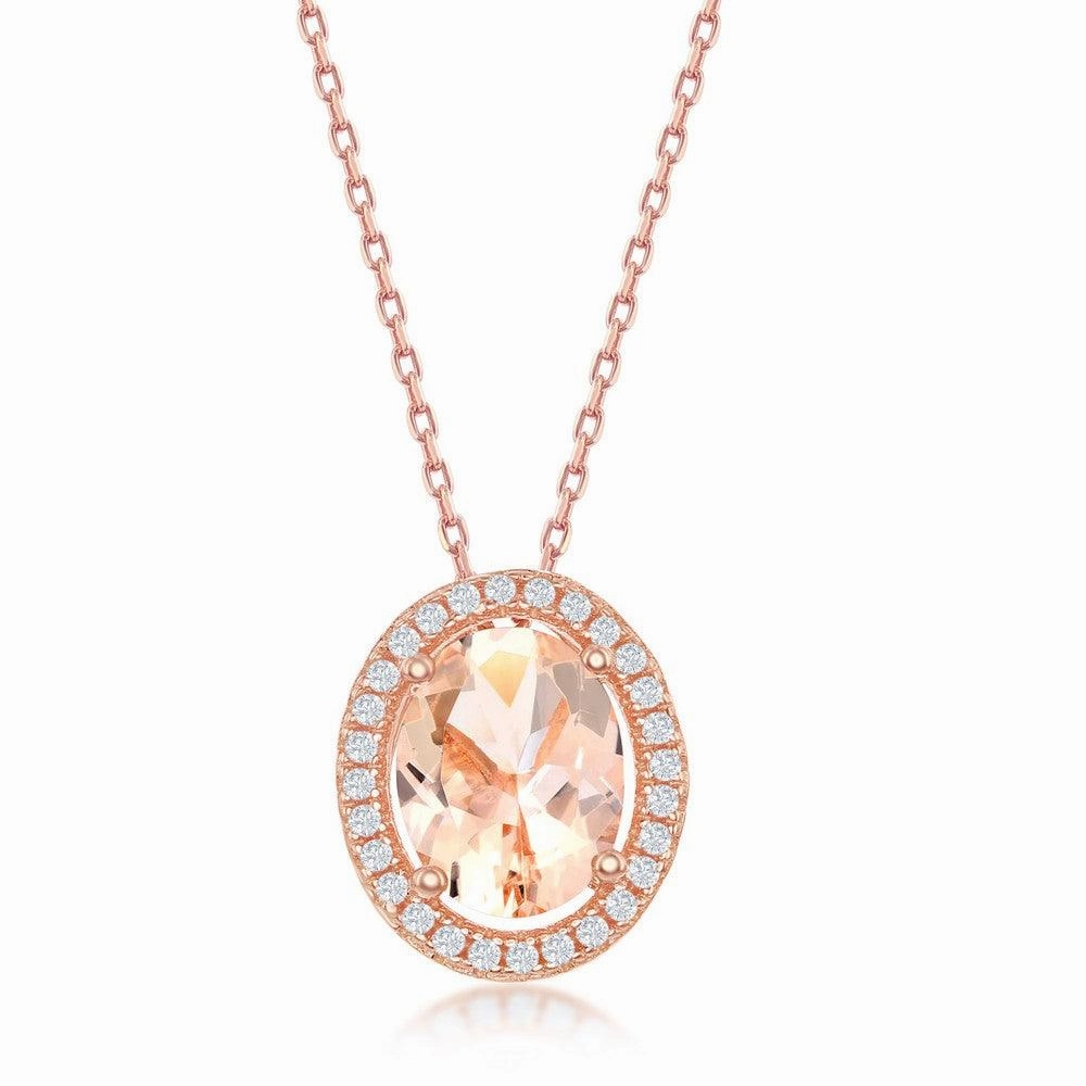 Sterling Silver Rose Gold Plated Oval Morganite CZ Pendant