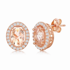 Sterling Silver Rose Gold Plated Oval Morganite CZ Stud Earrings
