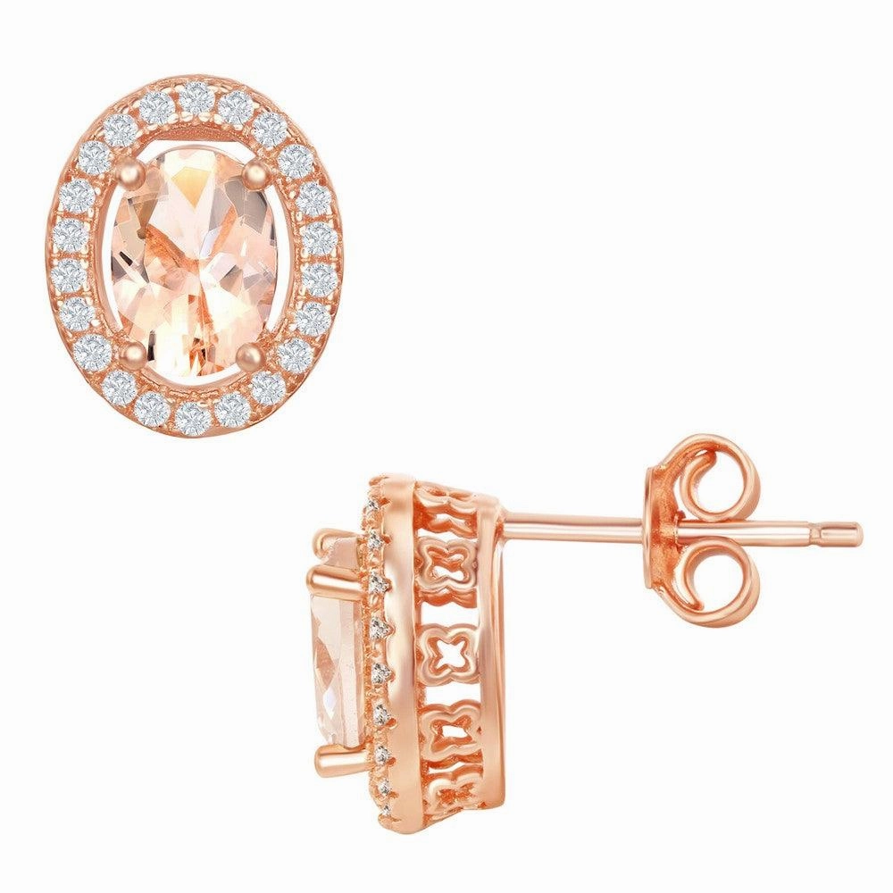 Sterling Silver Rose Gold Plated Oval Morganite CZ Stud Earrings