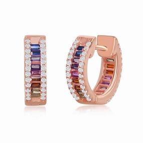 Sterling Silver Rose Gold Plated Rainbow Huggie Hoop CZ Earrings