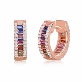 Sterling Silver Rose Gold Plated Rainbow Huggie Hoop CZ Earrings